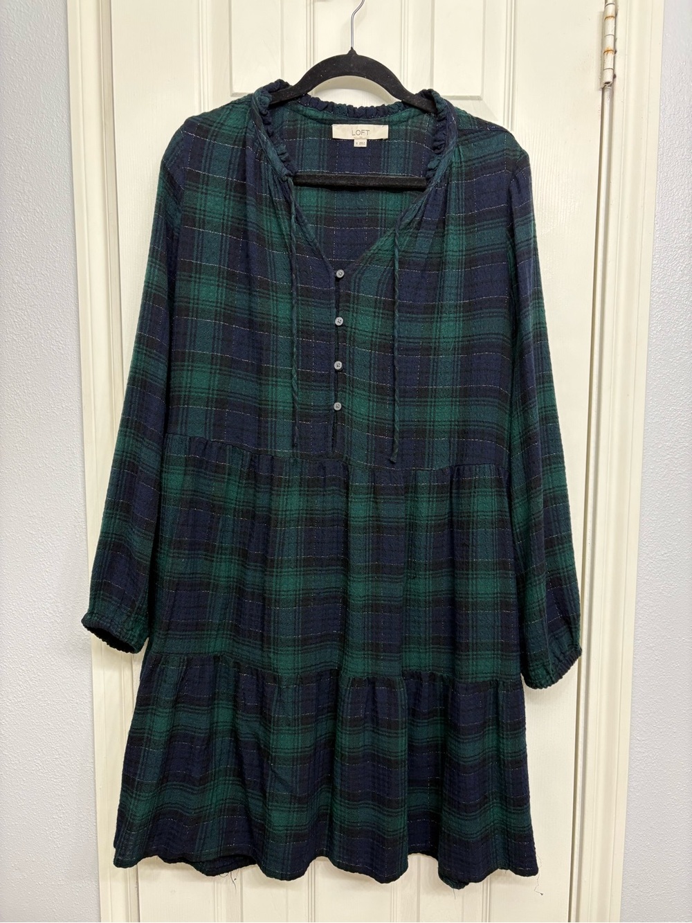 LOFT Navy and Green Plaid Button-Front Tunic